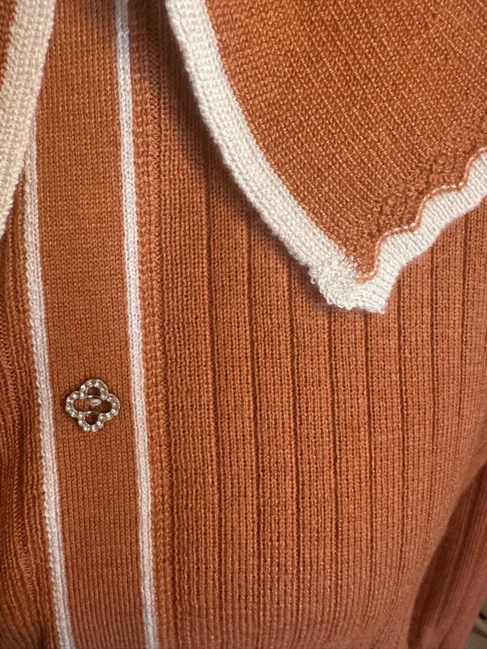 Rust Ribbed Button-Front Sweater with Contrast Peter Pan Collar - Picture 2 of 4